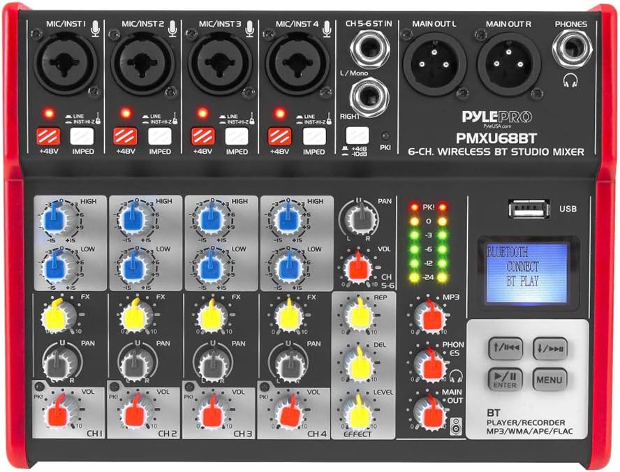 PYLE Studio Audio Sound Mixer Board - 6 Channel Bluetooth Compatible Professional Portable Digital DJ Mixing Console w/ USB Mixer Audio Interface - Mixing Boards For Studio Recording - PMXU68BT