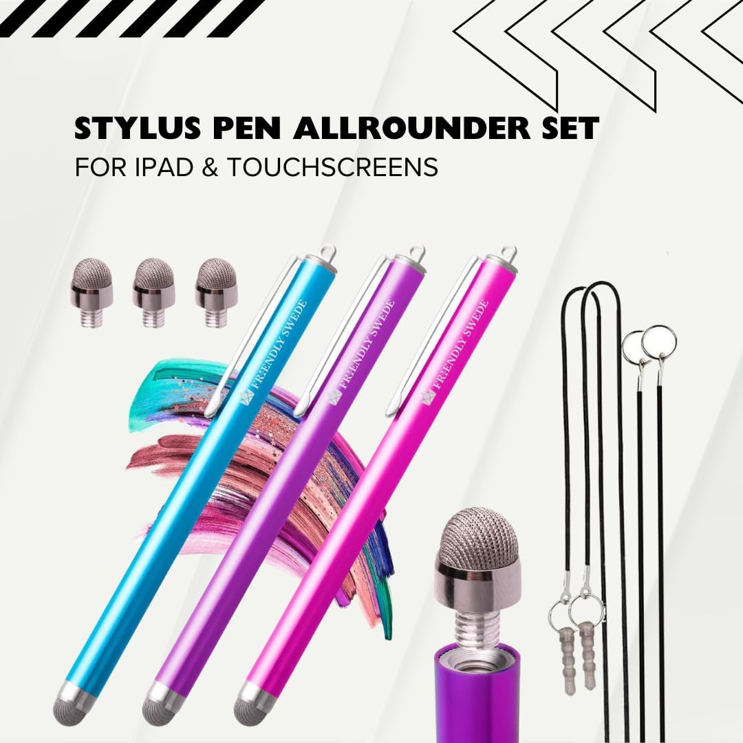 The Friendly Swede Mesh Tip Stylus Pen for Touchscreen — 3-Pack Micro-Knit Capacitive Stylus Pen for iPad & iPhone with 3 Replaceable Fiber Tips, Elastic Lanyards & Screen Cleaning Cloth