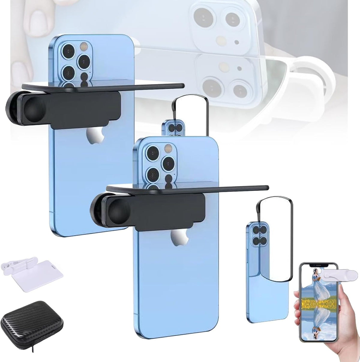 Mirror Effect Lens - Capture Stunning Reflections Instantly, Smartphone Camera Mirror Reflection Clip Kit, Adjustable HD Glass Smartphone Photography Flip Mirror, for Travel Photography (Black-2Pcs)