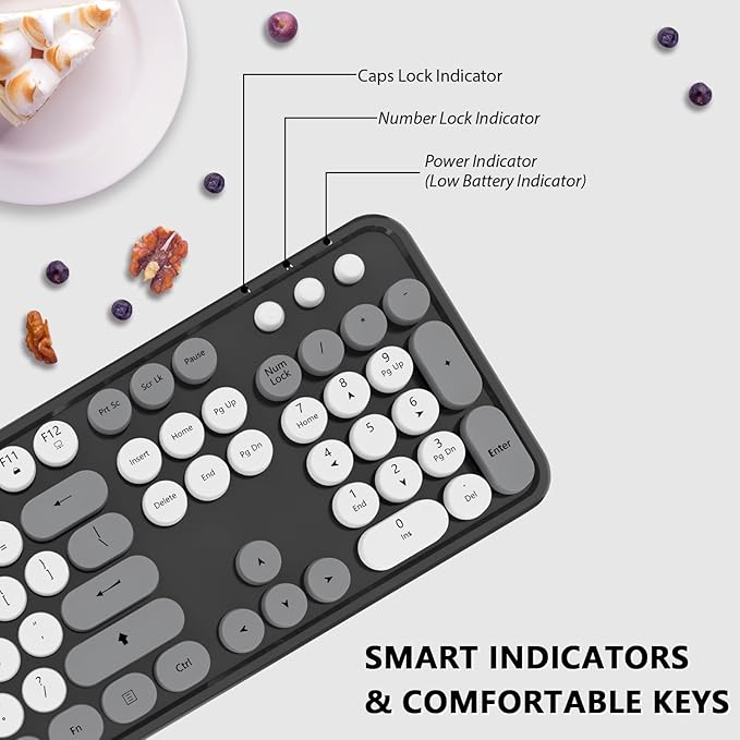 Wireless Keyboard Mouse Combo Colorful Mouse and Keyboard Combo 104 Keys Cute Wireless Keyboard with Number Pad for Windows Computer PC Notebook Laptop (Grey)