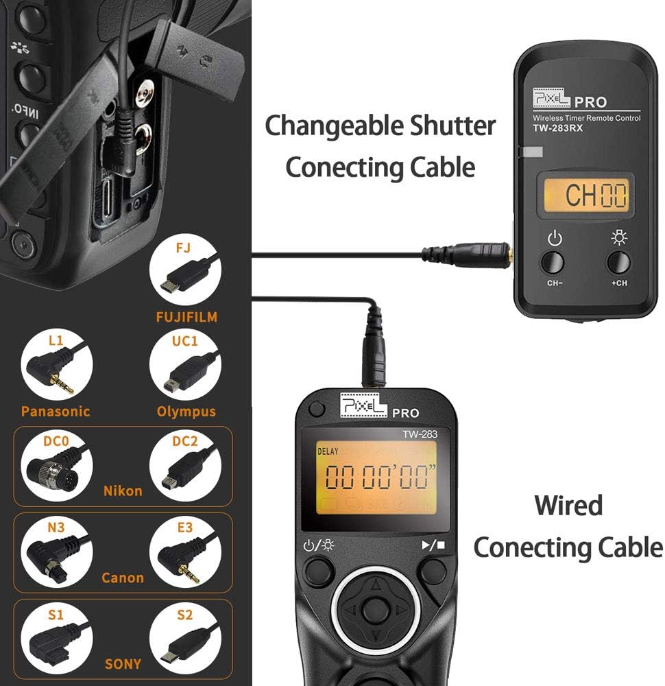 Remote Shutter Release Compatible for Nikon, Wireless Shutter Release Timer Remote Control Pixel TW-283 DC0/DC2 Compatible for Nikon D5200 D5300 D7100 D850 D800 D750 D610
