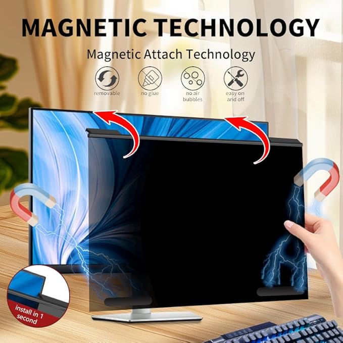 Hoktods Magnetic Computer Privacy Screen Filter 21.5 Inch, Removable Hanging Aluminum Alloy Privacy Shield for 16:9 Widescreen Monitor, Anti Spy Anti Scratch Anti Glare Blue Light Screen Guard