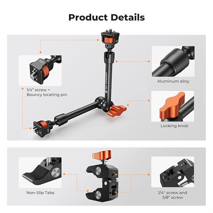 K&F CONCEPT 11" Magic Arm 1/4" Screw 360° Ball Heads Articulating Friction Camera Arm Mount for Monitor, LED Light, Webcam, Microphone, Camera Cage