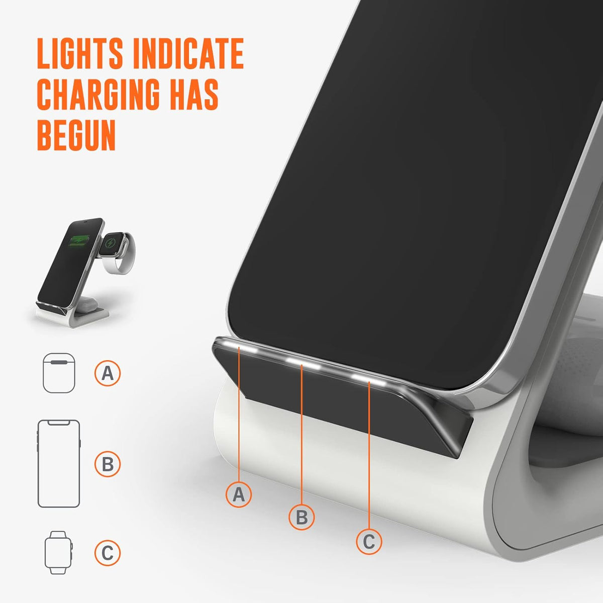 STM ChargeTree Swing 3-in-1 Wireless Charging Station for iPhone/Samsung/Android (15W/7.5W), AirPods (5W), Apple Watch (3W). Qi-Certified Stand, White