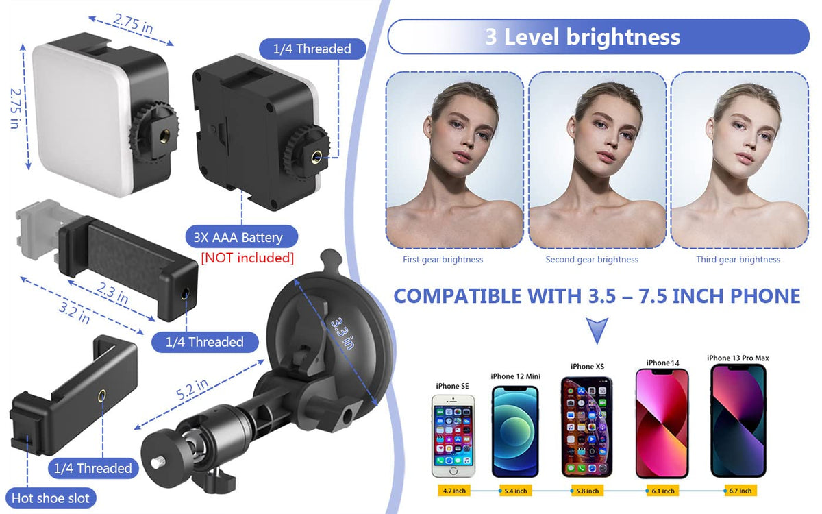 LenTok Suction Cup Mirror Phone Holder with Light, Travel Wall Phone Camera Mount for Makeup Content Creator Essentials, Mirror Tripod for Bathroom