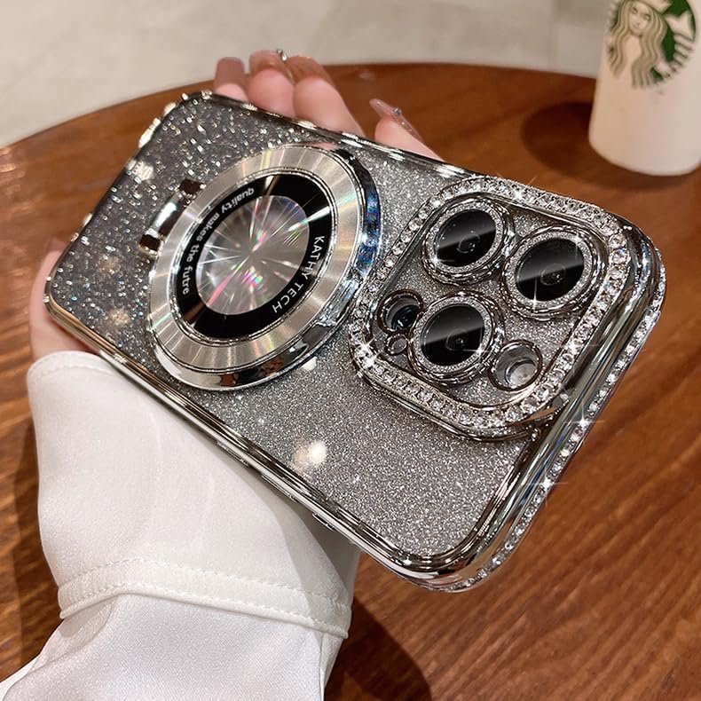 Magnetic Kickstand (Glitter Lens Protector ) Case for iPhone 15 14 13 12 Pro Max (Compatible with Magsafe ) Sparkling Diamond Cover Glitter Shiny Rhinestone Cases (Silver,for iPhone 13 Pro)