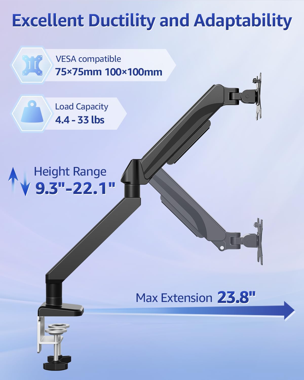 MOUNTUP Heavy Duty Single Monitor Arm for 42 40 39 34 32 27Inch Screens, Monitor Stand for Desk Supports 4.4-33 lbs, Height Adjustable Ultrawide Monitors Mount with C-Clamp & Grommet Base