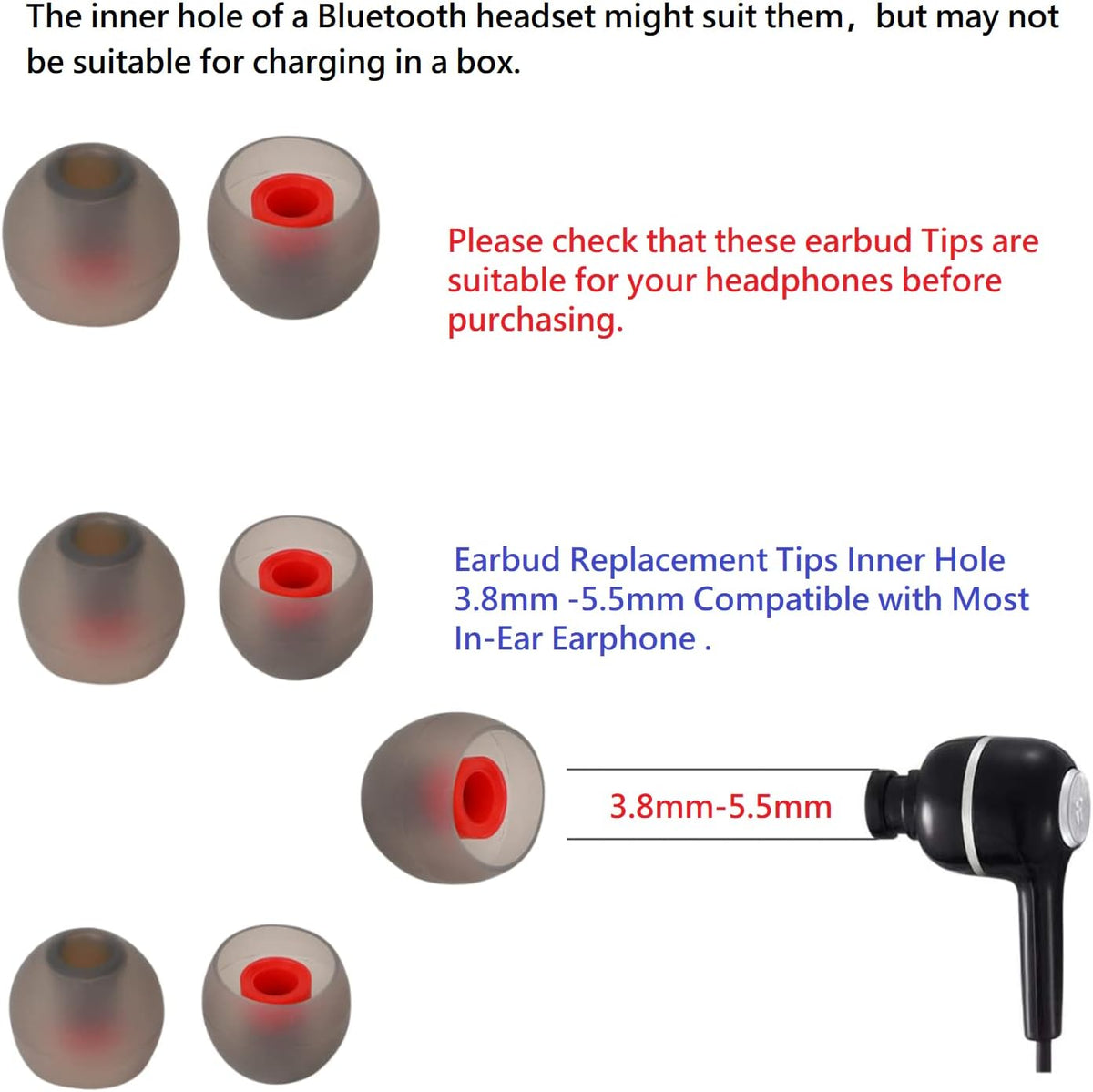 Earbud Tips Soft and Comfortable Silicone Ear Bud Replacement Pieces Fit Most in-Ear Headphones，Inner Hole 3.8mm -5.5mm，18 Pairs Black and Red S/M/L Replacement Earbud Tips