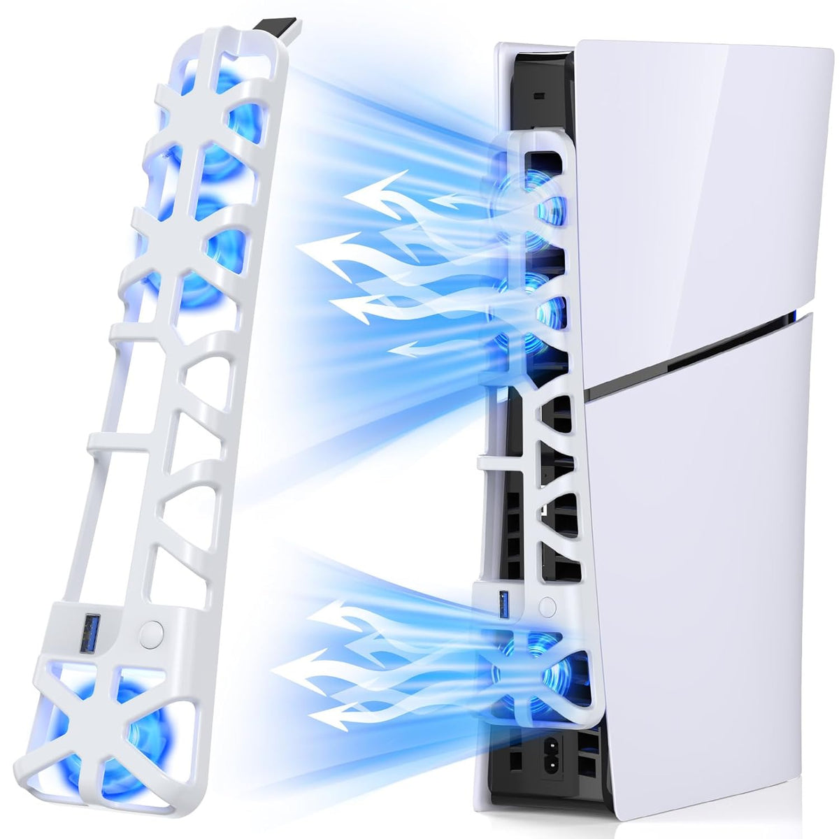 PS5 Slim Cooling Fan with Adjustable Speed - 3 Mode Speeds, Low Noise, Auto Power On/Off, with USB 3.0 Port, LED Light, Efficient Cooling System for PS5 Disc and Digital