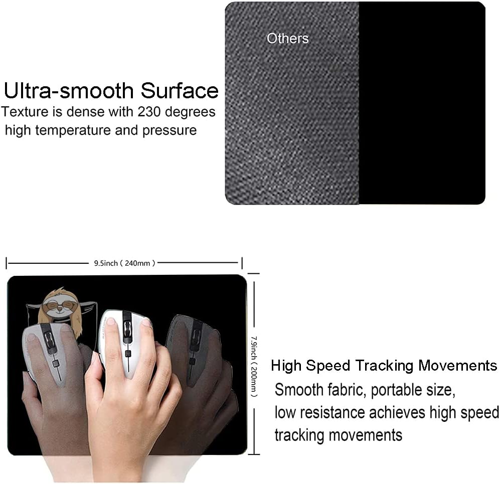 Hokafenle Sloth Mouse Pad - Black With Animal Design, Non-Slip Rubber Base for Desk, Office, Laptop - Cute Square Wireless Mousepad