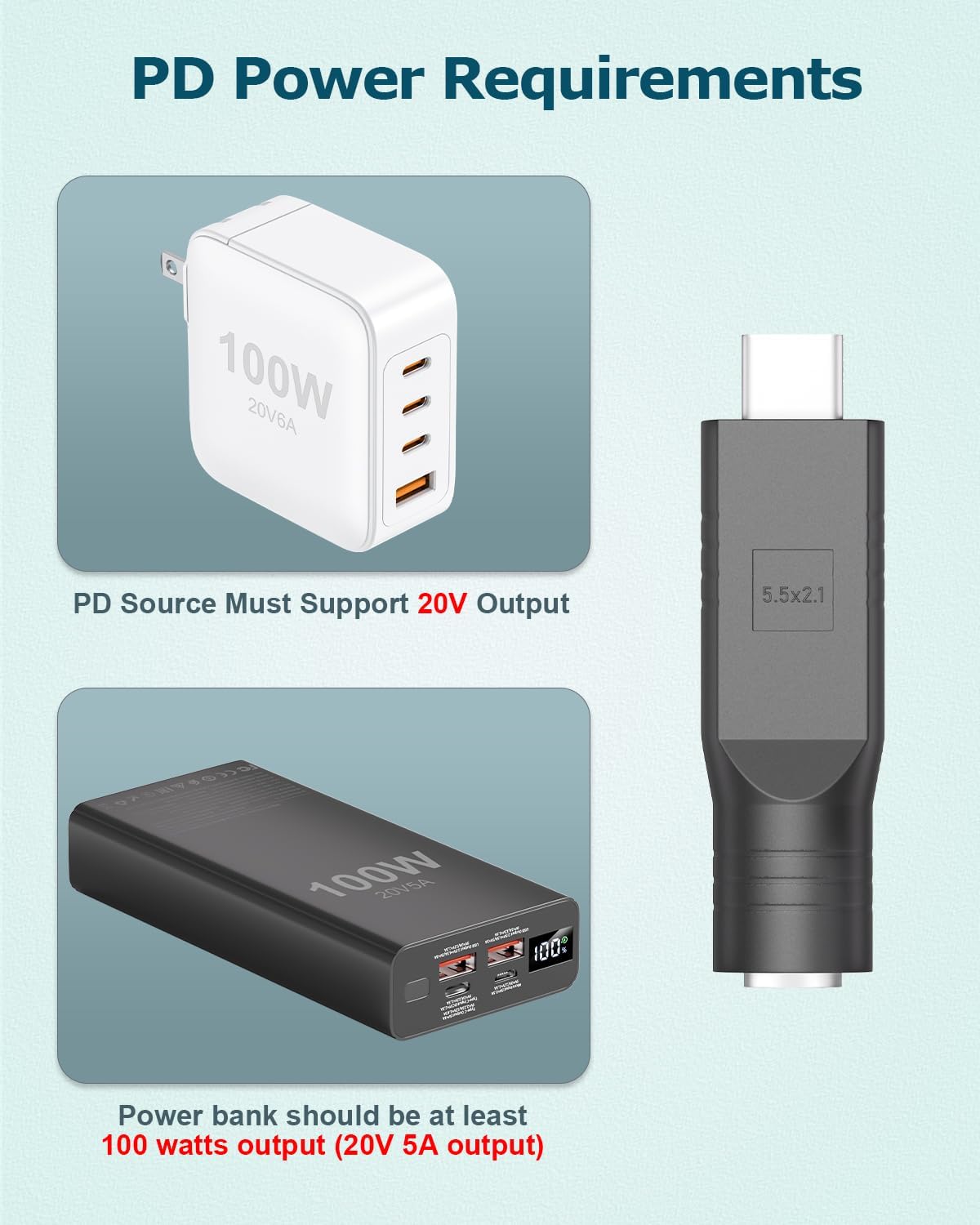 Gunovy 2 20V 5.5 2.1mm 100W PCS Starlink Mini Cable Adapter DC to USB Type C Converter for Starlink Mini Accessories