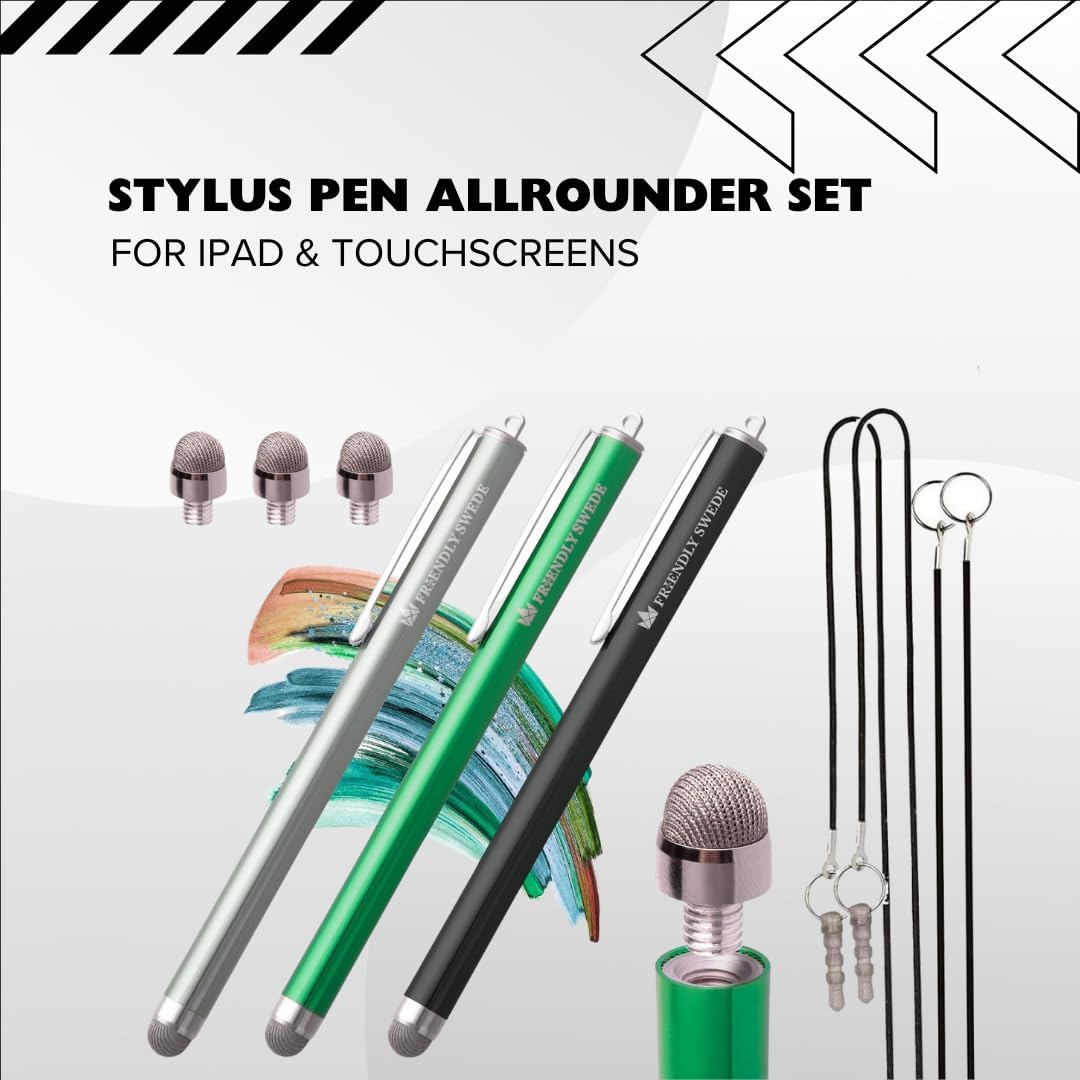 The Friendly Swede Mesh Tip Stylus Pen for Touchscreen — 3-Pack Micro-Knit Capacitive Stylus Pen for iPad & iPhone with 3 Replaceable Fiber Tips, Elastic Lanyards & Screen Cleaning Cloth