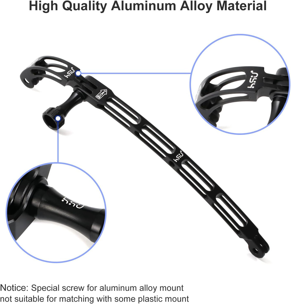 HSU Aluminum Alloy Curved Extension Arm Kit Metal Pole Mount Helmet Stick Extension Arm Mount for GoPro Hero 13/12/11/10/9/8/7/6 Black, DJI Osmo Action and More Action Cameras (7.9”/5.3”/3”) (Black)