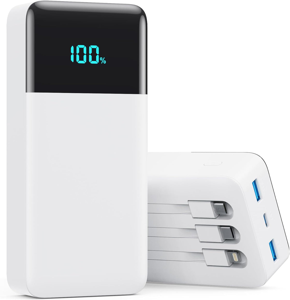 Portable Charger 50800mAh Power Bank with 3 Built in Cable,25W PD QC4.0 Fast Charging USB C Battery Pack,6 Output 2 Input LCD Display Portable Phone Charger for iPhone 16/15/14,Google,Android, White