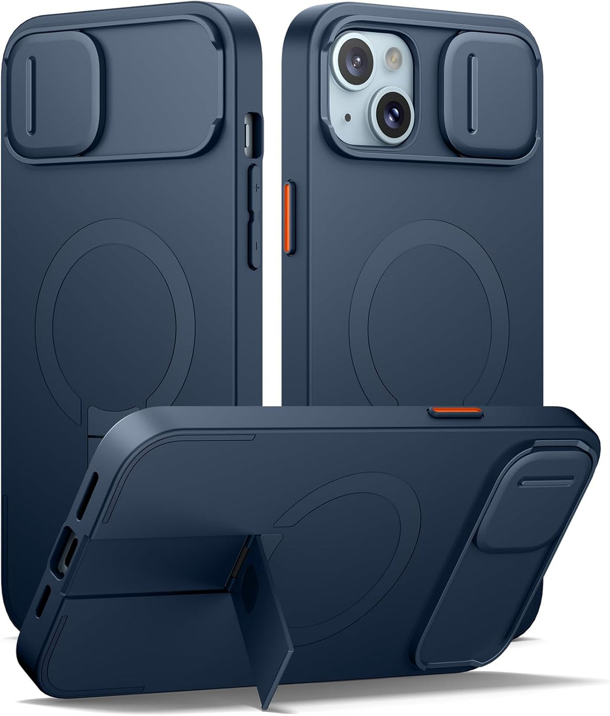 SURITCH for iPhone 14 Plus/15 Plus Case with Magnetic Camera Slide Cover and Adjustable Kickstand, Compatible with MagSafe, Shockproof Bumper Case Slim Protective Cover 6.7 Inch, Blue