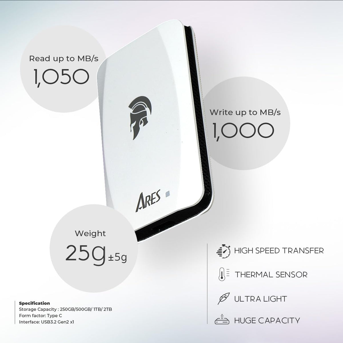 DATO External SSD 2TB, Portable SSD External Solid State Drive, USB 3.2 Gen 2x1 Type C Up to 1050/1000 MB/s, Super Light and Compact Portable Solid State Drive - ARES Torch