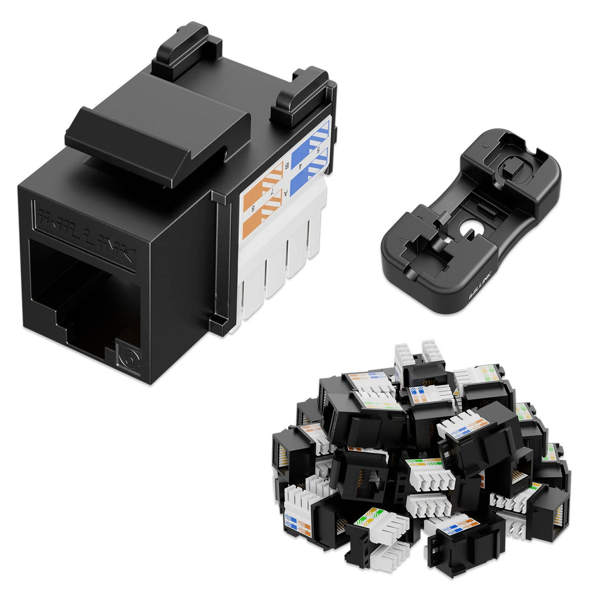 Iwillink 10Gbps Cat6 Keystone Jack RJ45 Modular Ethernet Jack Insert, Punch Down Adapter 25-Pack with Stand, Black
