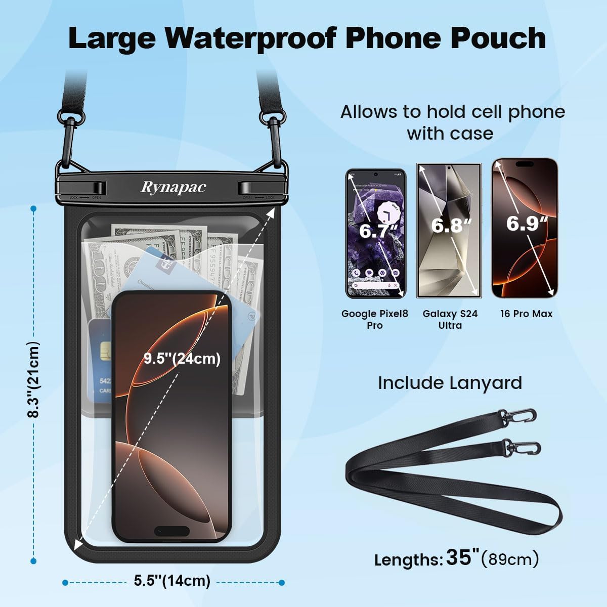 [Up to 10"] Large Waterproof Phone Pouch Bag - 2 Pack Waterproof Phone Case for iPhone 16 15 14 Pro Max Galaxy S25 S24 Ultra, IPX8 Cellphone Water Protector Pouch Beach Essentials Travel Must Haves