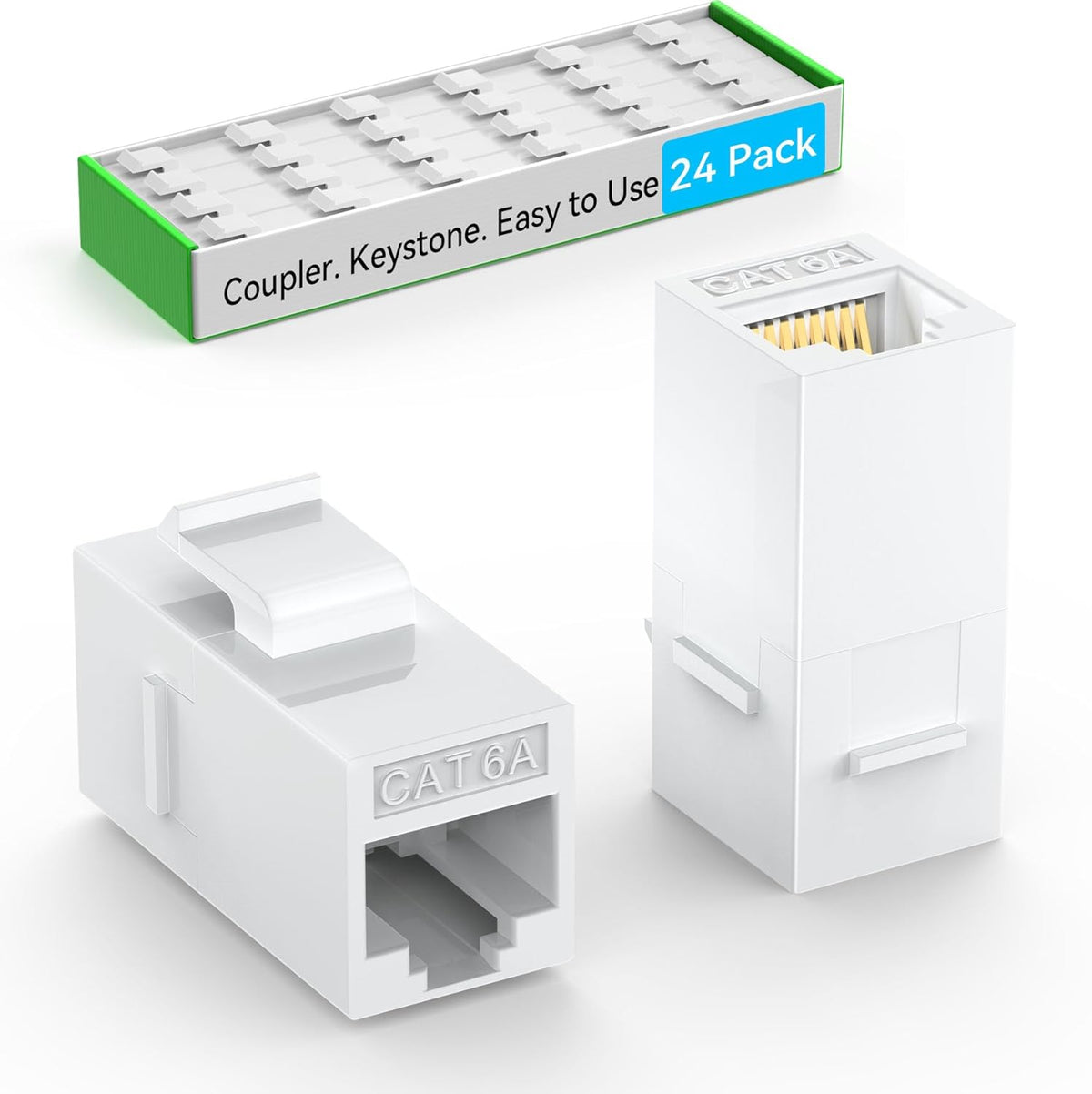 CAT6A RJ45 Keystone Coupler (24 Pack), Cat6 Keystone Jack Female to Female, Cat 6a Inline Keystone Jacks for Wall Plate & Patch Panel, RJ45 Ethernet Coupler White
