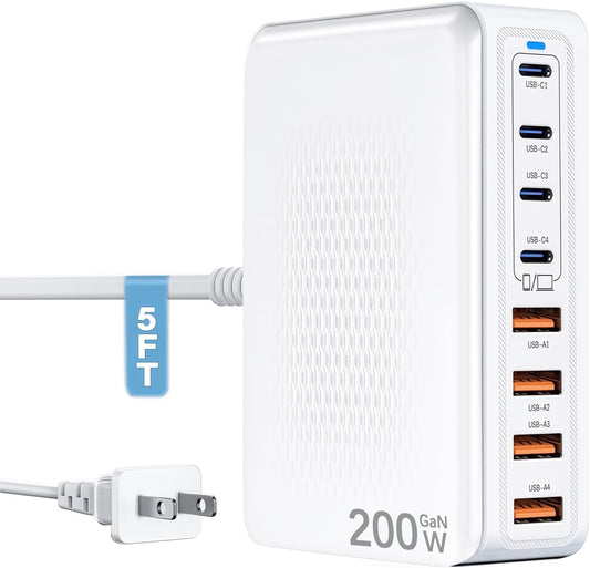 USB C Charger Block Charging Station - 200W Fast GaN 8-Port Multiple USB Charging Hub,65W Laptop Charger Compatible with MacBook Pro/Air,iPad,iPhone 16/15/14, Samsung S25/24,DELL,Steam Deck,5ft Cord
