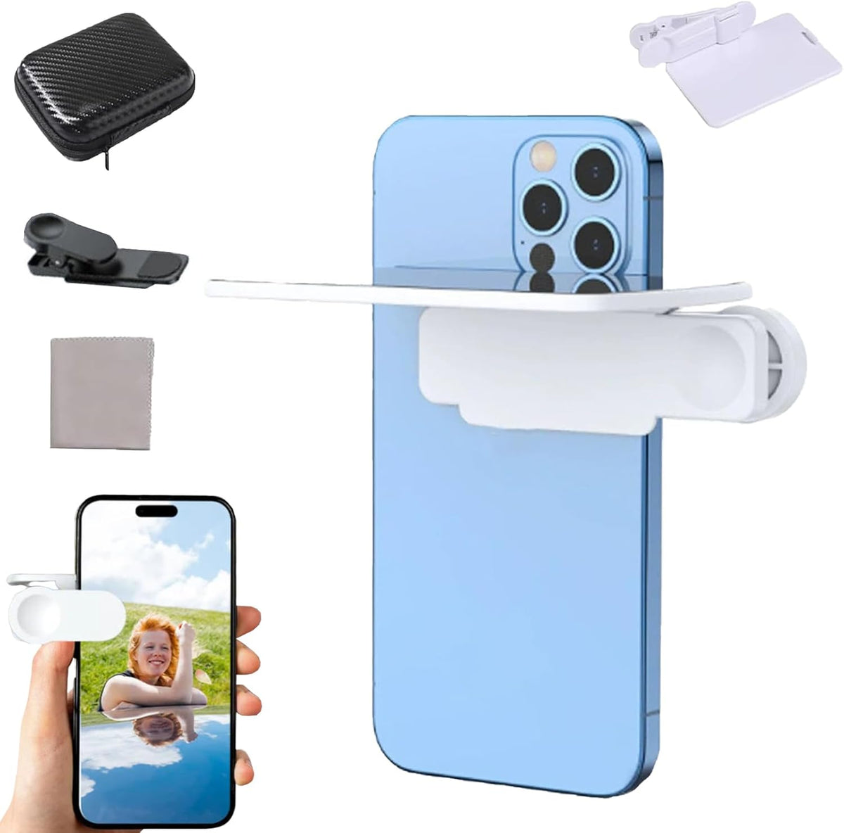 Mirror Effect Lens - Capture Stunning Reflections Instantly, Smartphone Camera Mirror Reflection Clip Kit, Adjustable Angle Mobile Phone Camera Mirror Clip for Outdoor Travel Photography (White)