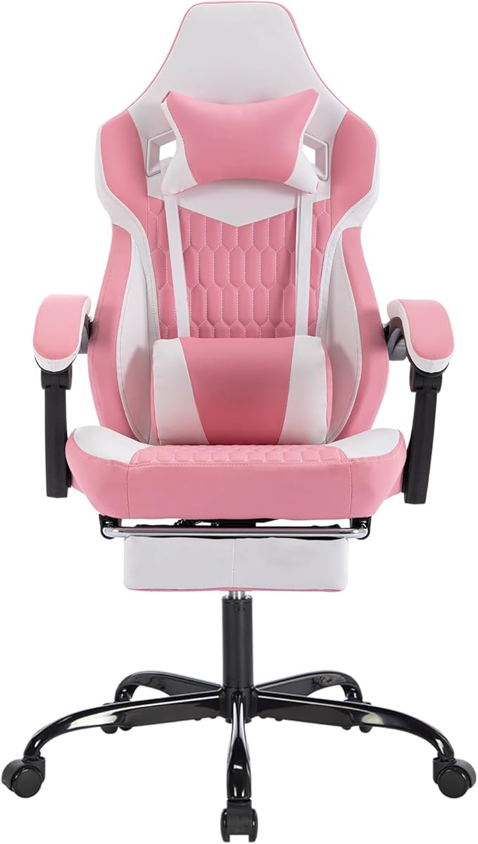 High-Back Gaming Chair with Footrest – PVC Leather Ergonomic Office &amp Racing Style Video Gaming Chair (Pink)