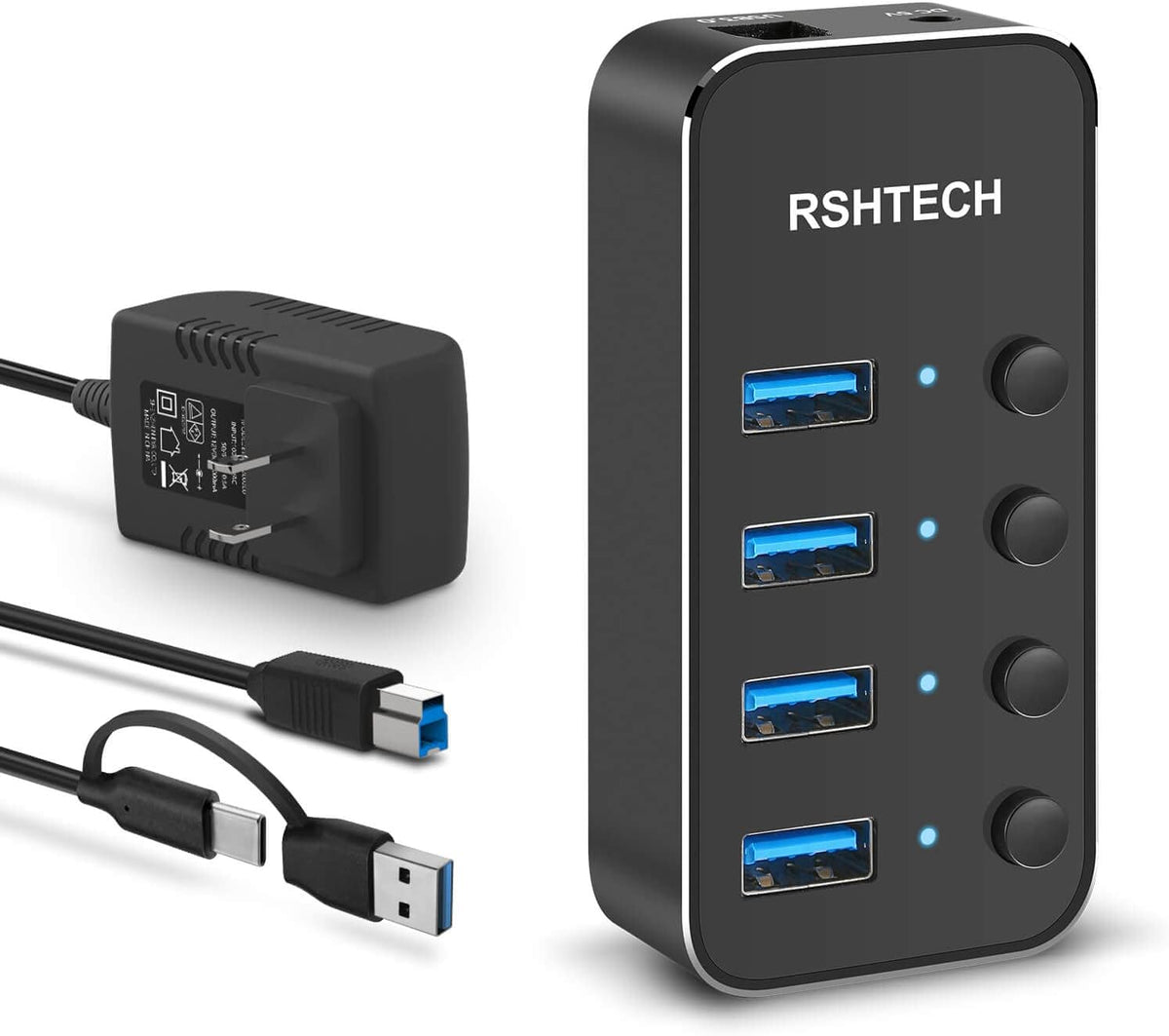 USB 3.0 Hub RSHTECH 4 Port Powered USB 3.0/USB C Hub Upgraded Version with 2-in-1 3.3ft USB Cable,5V Power Adapter and Individual Switches, Portable Aluminum USB Splitter for Laptop and PC, RSH-ST04