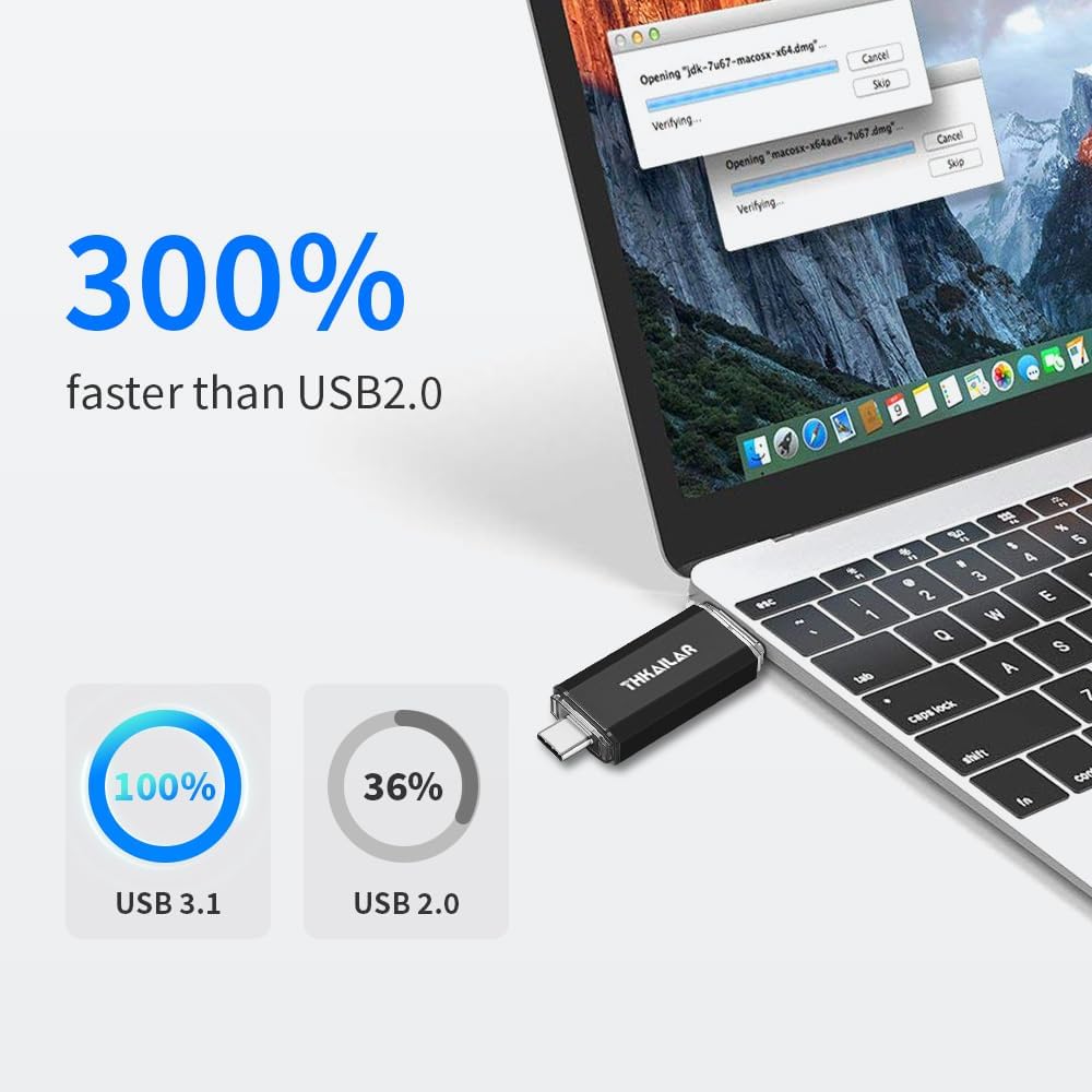 Thkailar USB C Flash Drive 256GB-USB Flash Drive with Type C and Type A 3.1 Port Compatible with Android Phone/PC/Mac Pro-Transfer Data(Black)