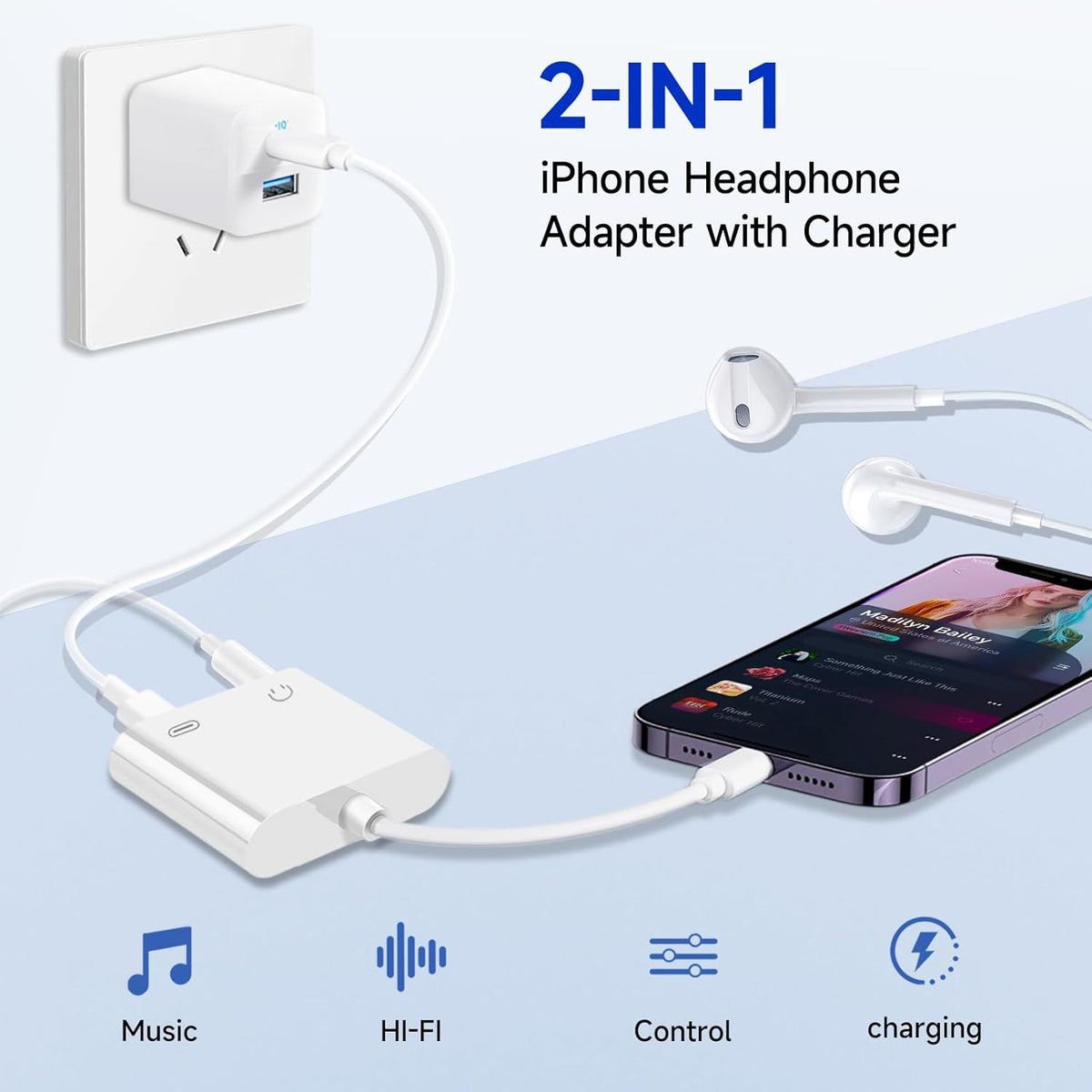 [Apple MFi Certified] 2-in-1 Charging & Audio Adapter for iPhone, Lightning to 3.5mm Headphone Jack Dongle Splitter, Supports Hi-Res Lossless Sound, Compatible with iPhone 14/13/12/11/XS/XR/8/7 1Pack