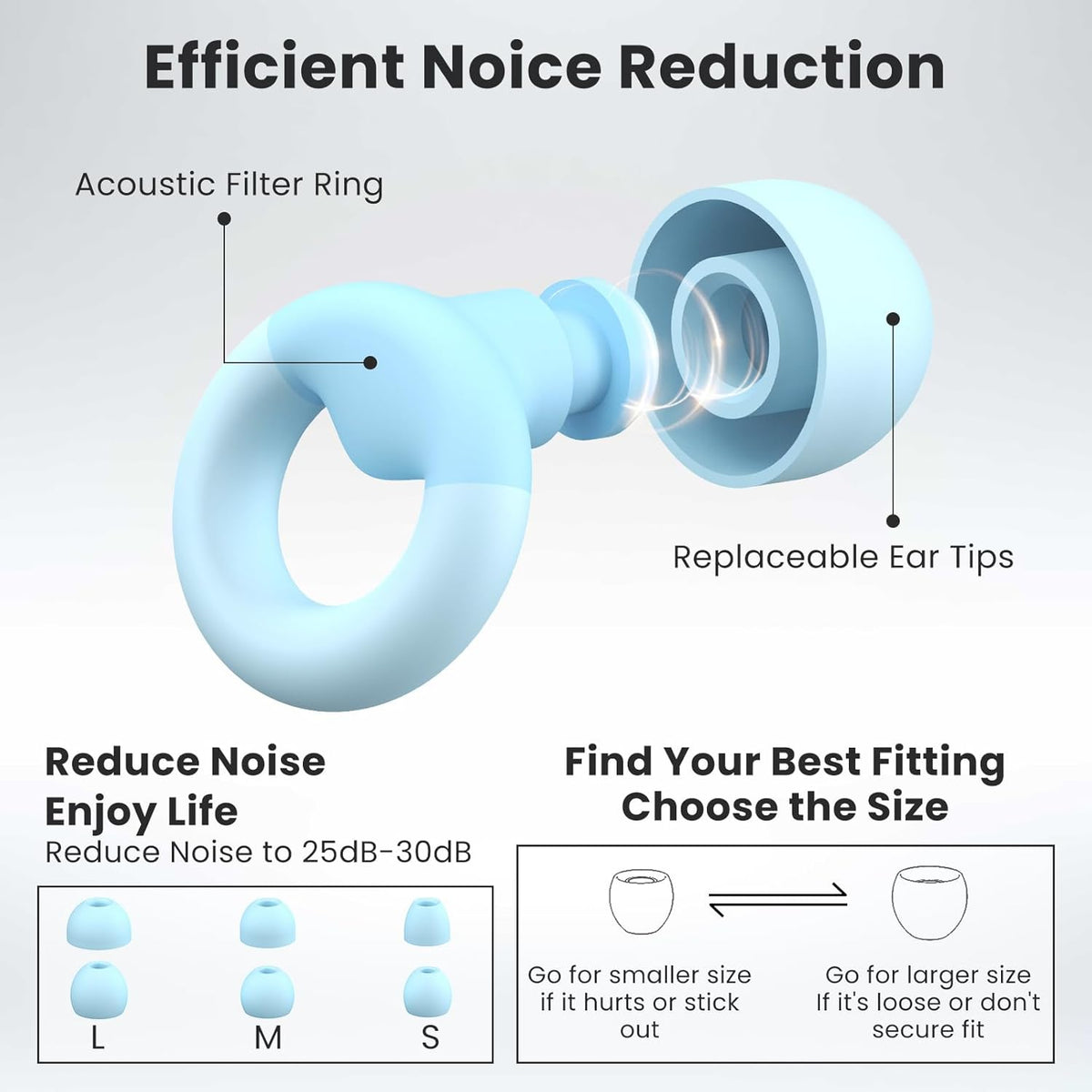 Soft Silicone Earplugs for Sleeping & Noise Reduction - 7 Pairs Ear Tips & One Connection Cord - Reusable Hearing Protection for Concert, Work & Sound Reduction 25dB-30db