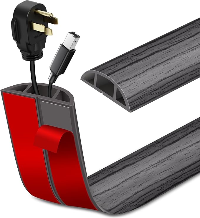 Floor Cord Cover Self Adhesive Cord Hider Floor Extension Cord Covers for Floor Power Cord Protector Cable Management Prevent Cable Trips Cable Cavity 0.59" W x 0.31" H (Deep Grey Wood, 10Ft)