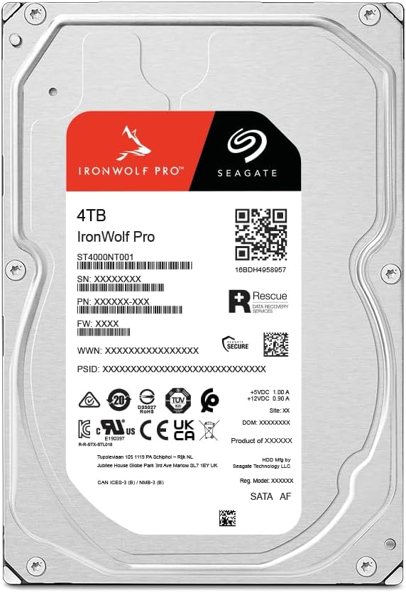 Seagate IronWolf Pro, 4 TB, Enterprise NAS Internal HDD –CMR 3.5 Inch, SATA 6 Gb/s, 7,200 RPM, 256 MB Cache for RAID Network Attached Storage (ST4000NT001)