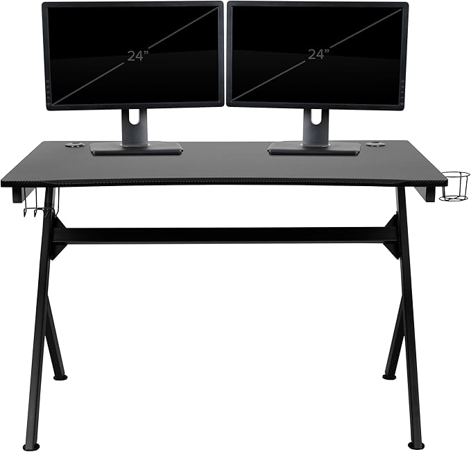 BizChair Black Gaming Desk with Cup Holder/Headphone Hook/2 Wire Management Holes &amp Black Reclining Back/Arms Gaming Chair with Footrest