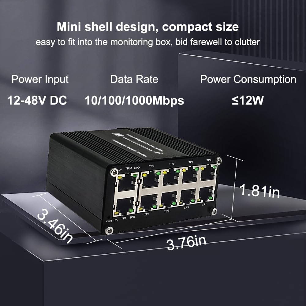10-Port Gigabit Ethernet Switch,Industrial Design with Rugged Metal Case, Plug and Play, Full-Duplex Fast Ethernet Connectivity, Unmanaged Gigabit Switch, Compact Mini Size, Din-Rail or Wall Mount