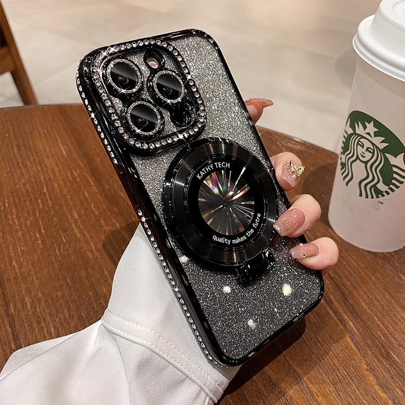Magnetic Kickstand (Glitter Lens Protector ) Case for IPhone 15 14 13 12 Pro Max (Compatible with Magsafe ) Sparkling Diamond Cover Glitter Shiny Rhinestone Cases (Black,for iphone 15 Plus)