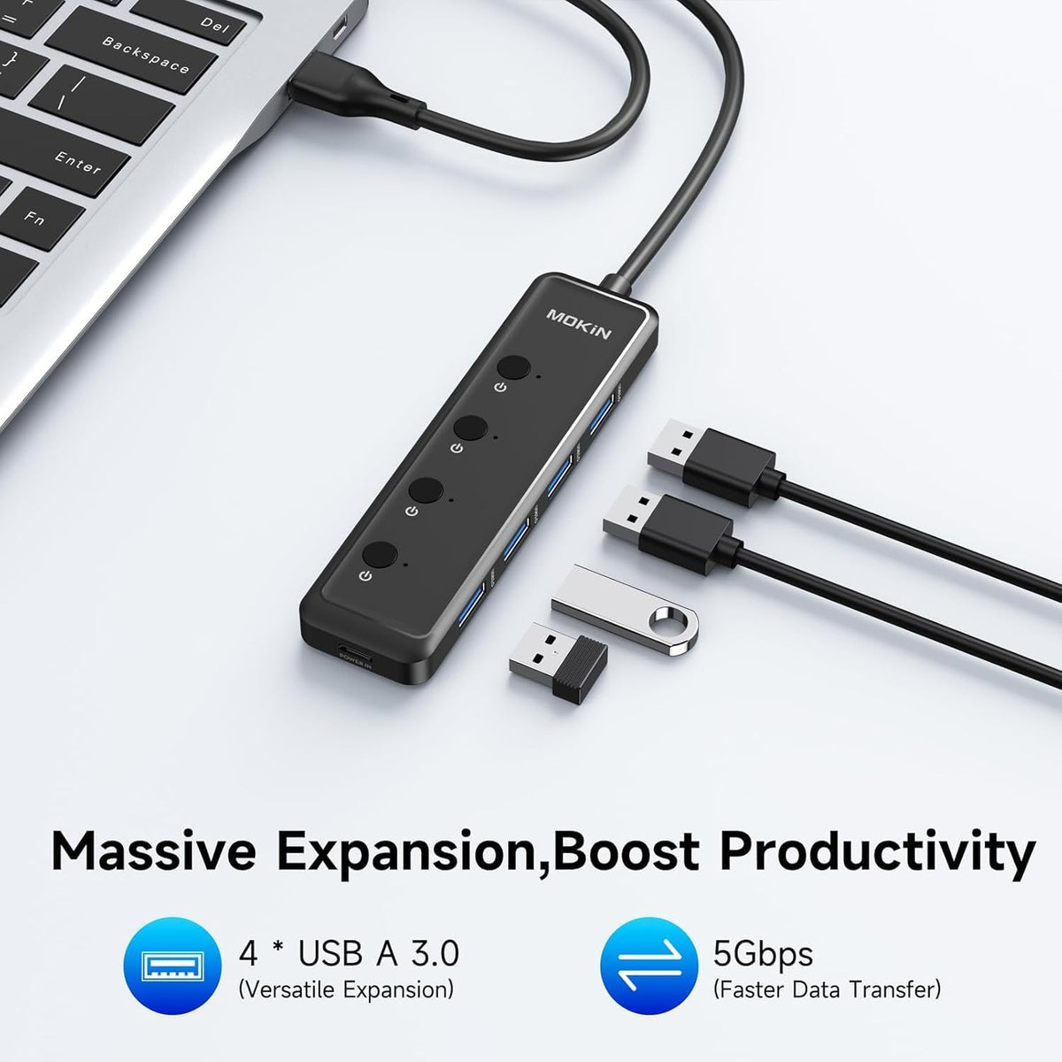MOKiN USB 3.0 Hub, 5-Port Ultra Slim Data USB Extender with 4*USB A 3.0 Ports + USB C Power Port for Laptop, Chromebook, Dell Acer and More, 2FT Extended Cable…