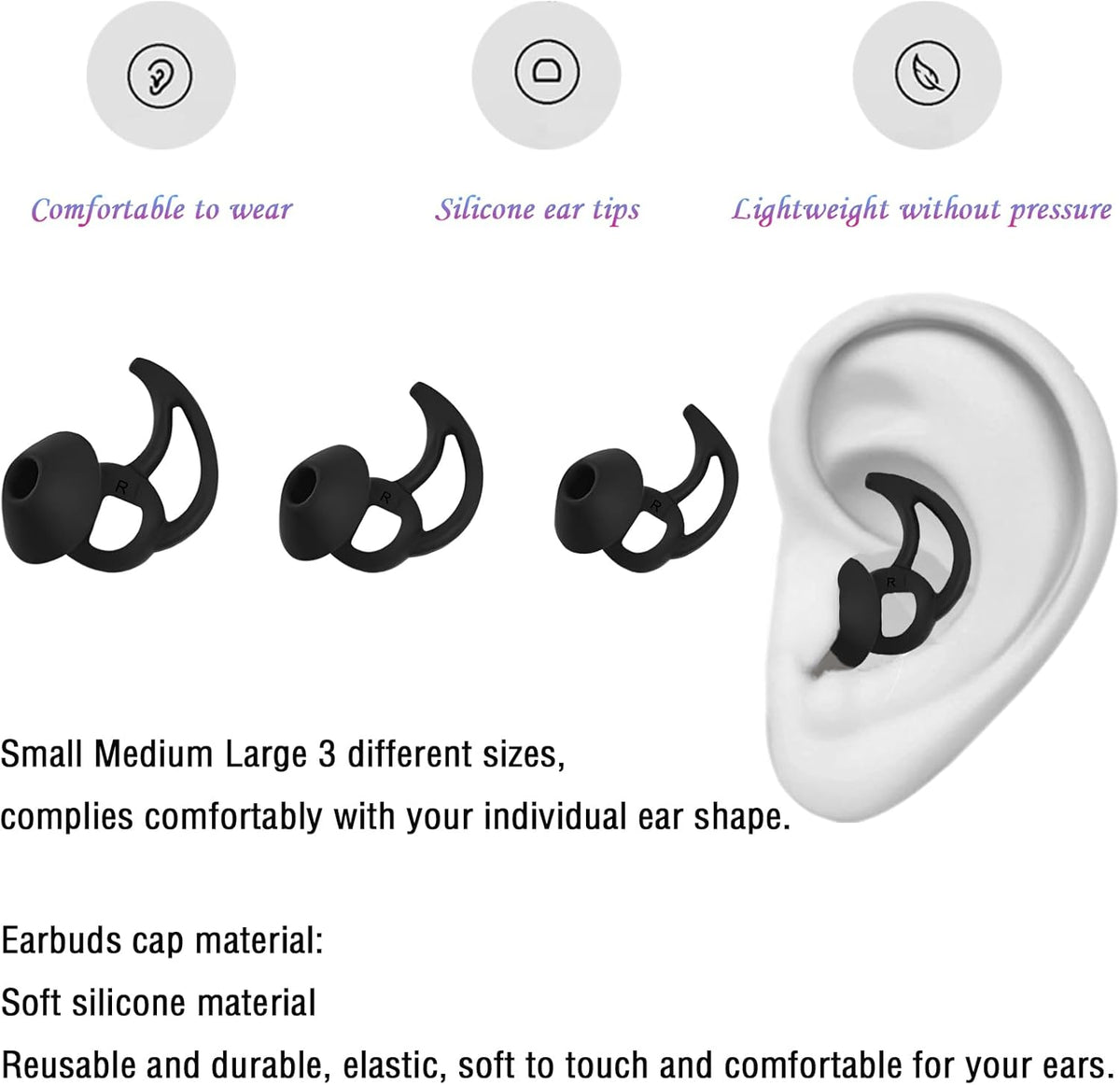 Earbud Replacement Tips Silicone Earbud Tips Ear Bud Covers Compatible with Bose Quietcomfort and Sport Headphone Ear Tips 3 Pairs S M L Black