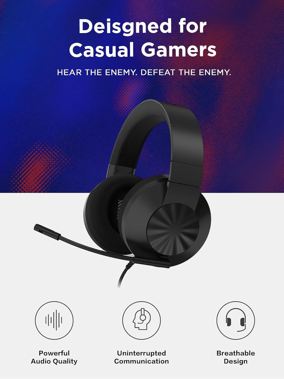 Lenovo H210 Wired Gaming Headset - 3.5mm Connection, Flip-to-Mute Noise-Cancelling Microphone, Breathable Ear Cups - Black