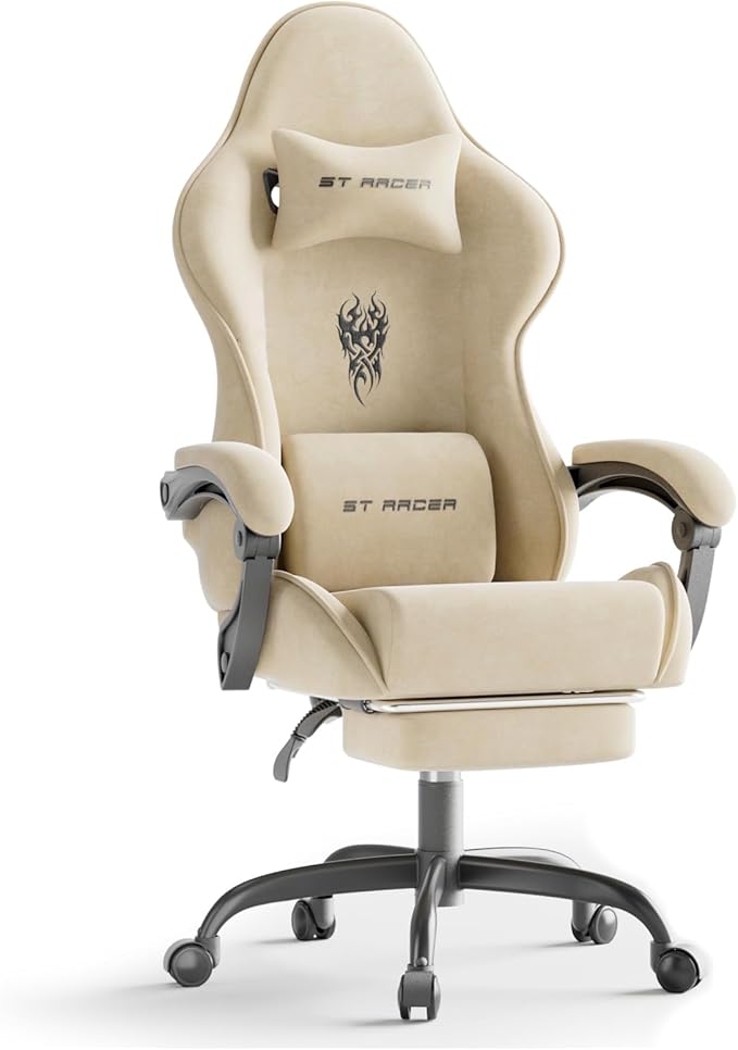 Ferghana Velvet Fabric Gaming Chair High Back Ergonomic Gamer Chair for Adult Comfortable Video Game Chair with Footrest and Massage Lumbar Cushion Racing Reclining Office Computer Desk Chair Beige