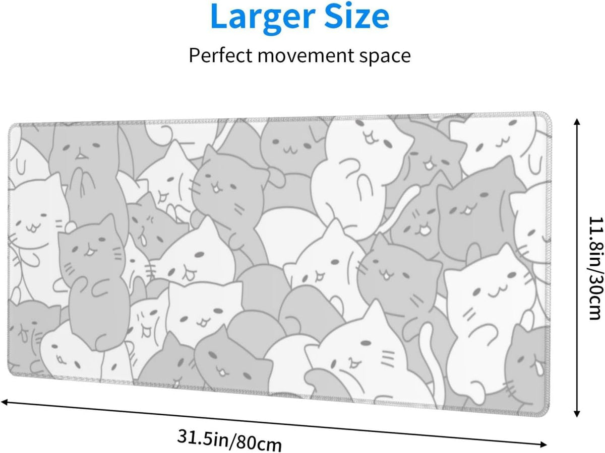 White Kawaii Cats E-Sport Mouse Pad Large Desk Mat Non-Slip Rubber Base Stitched Edge Keyboard Mouse Pad for Office Home E-Sport Computer Laptop, 31.5×11.8 Inches