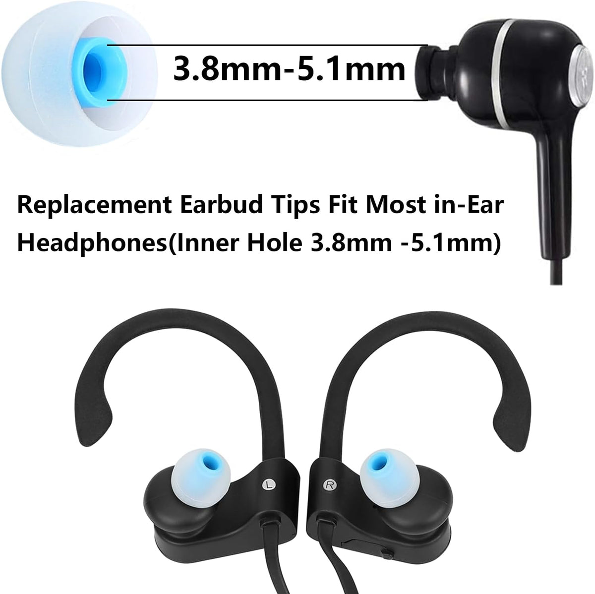 Silicone Replacement Earbud Tips Earbud Covers Ear Tips Fit for in-Ear Headphones (Inner Hole 3.8mm -5.1mm) Earbud Replacement Tips 9 Pairs