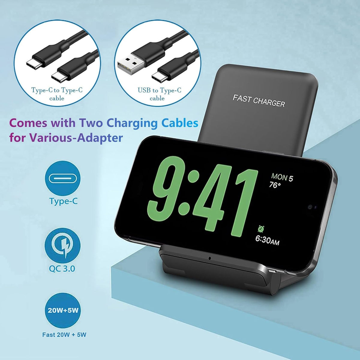 2 in 1 Wireless Charger,Foldable 20W Fast Wireless Charging Stand Compatible with iPhone 16/16 Pro/15/14/13/12/X/AirPods,Dual Phone Induction Charge Station for Samsung,Pixel,Xperia,LG(No Plug)