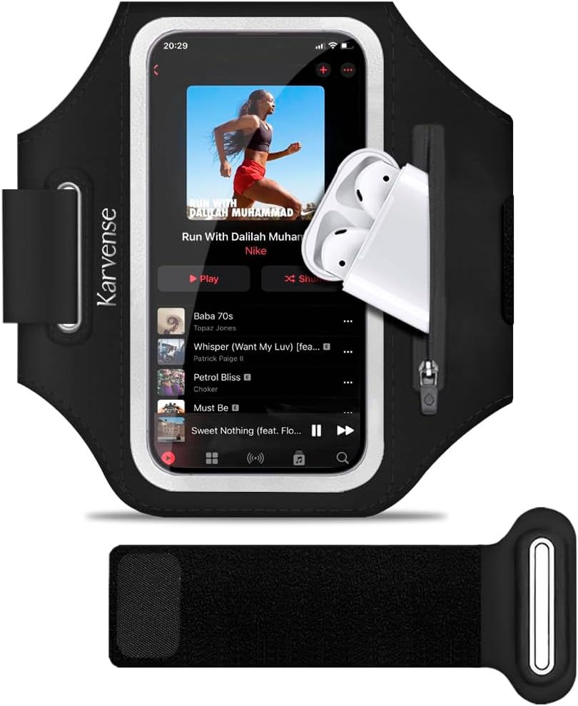 Phone Holder for Running w/Earphone Bag, Karvense Phone Arm Bands for Running&Gym& &Workout&Jogging, Cell Phone Armband for iPhone 16 Pro/16/16e/15 Pro/15/14 Pro/14/13 Pro, Samsung Galaxy, etc-6.3''