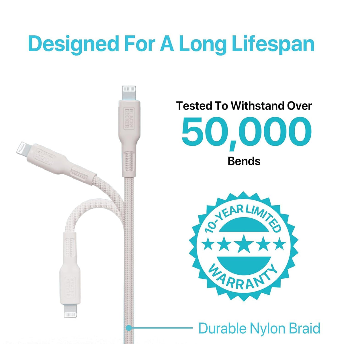 BLACK+DECKER Lightning to USB Cable - Fast Compatible iPhone Lightning Cable - Durable Braided iPhone Charger Cord - for Travel and Daily Use - Multiple Color + Length Options - 3ft