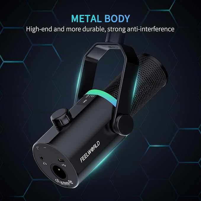 FEELWORLD PM1 XLR USB Dynamic Microphone with Desktop Stand Gifts for Podcast Recording PC Computer Gaming Live Streaming Vocal Voice-Over Studio Metal Mic RGB Light Mute Button Headphones Jack