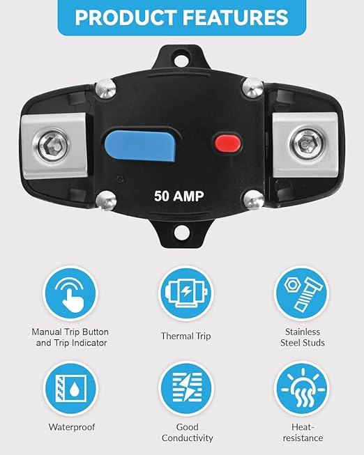 BULVACK 50 Amp Circuit Breaker with Manual Reset Waterproof Inline Fuse Inverter for Marine Trolling Motors Boat ATV Manual Power, Suface Mount, 12V-48V DC