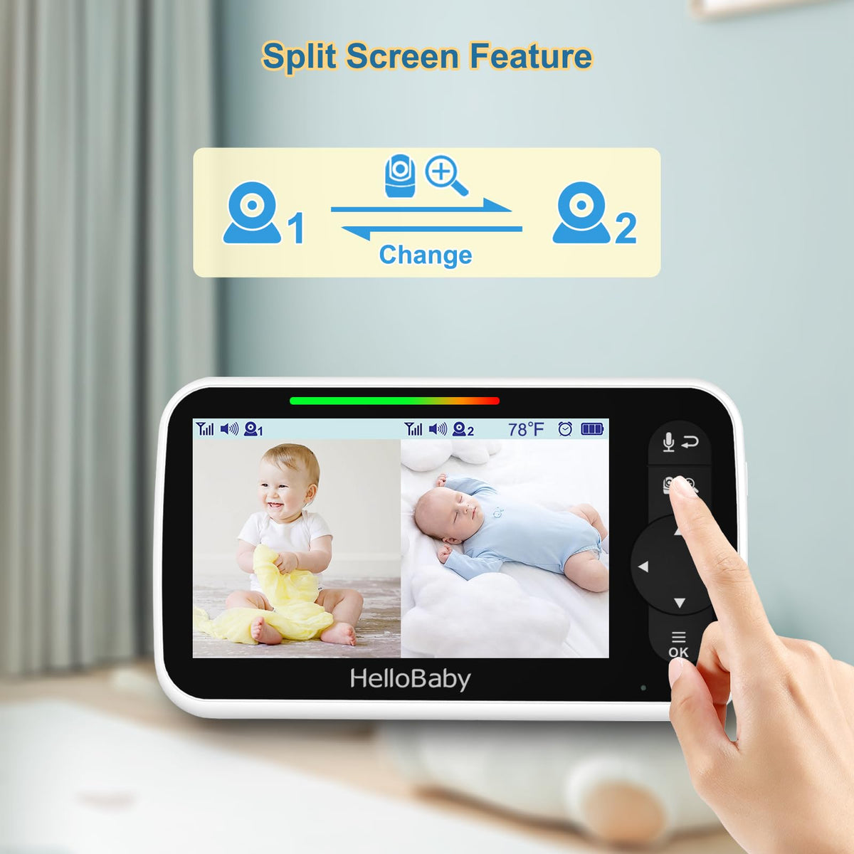HelloBaby Video Baby Monitor with 2 Cameras and 5 Inch Split Screen Display, Remote Control Cameras with Night Vision and Temprature Monitoring