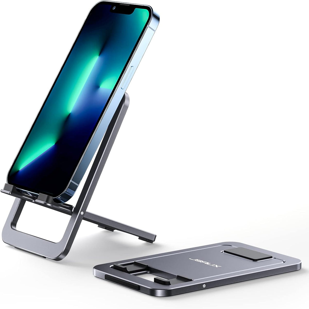 JSAUX Cell Phone Stand, Foldable Aluminum Adjustable Phone Holder for Desk Portable Travel Essentials Office Accessories Compatible with iPhone 16 15 14 13 Pro Max Samsung S24 S23 Ultra Kindle-Gray