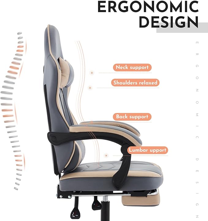 Beige Gaming Chair Ergonomic Computer Chair with Footrest ＆ Lumbar Support Height Adjustable Game Chairs with 360°-Swivel Seat and Headrest for Adults Office