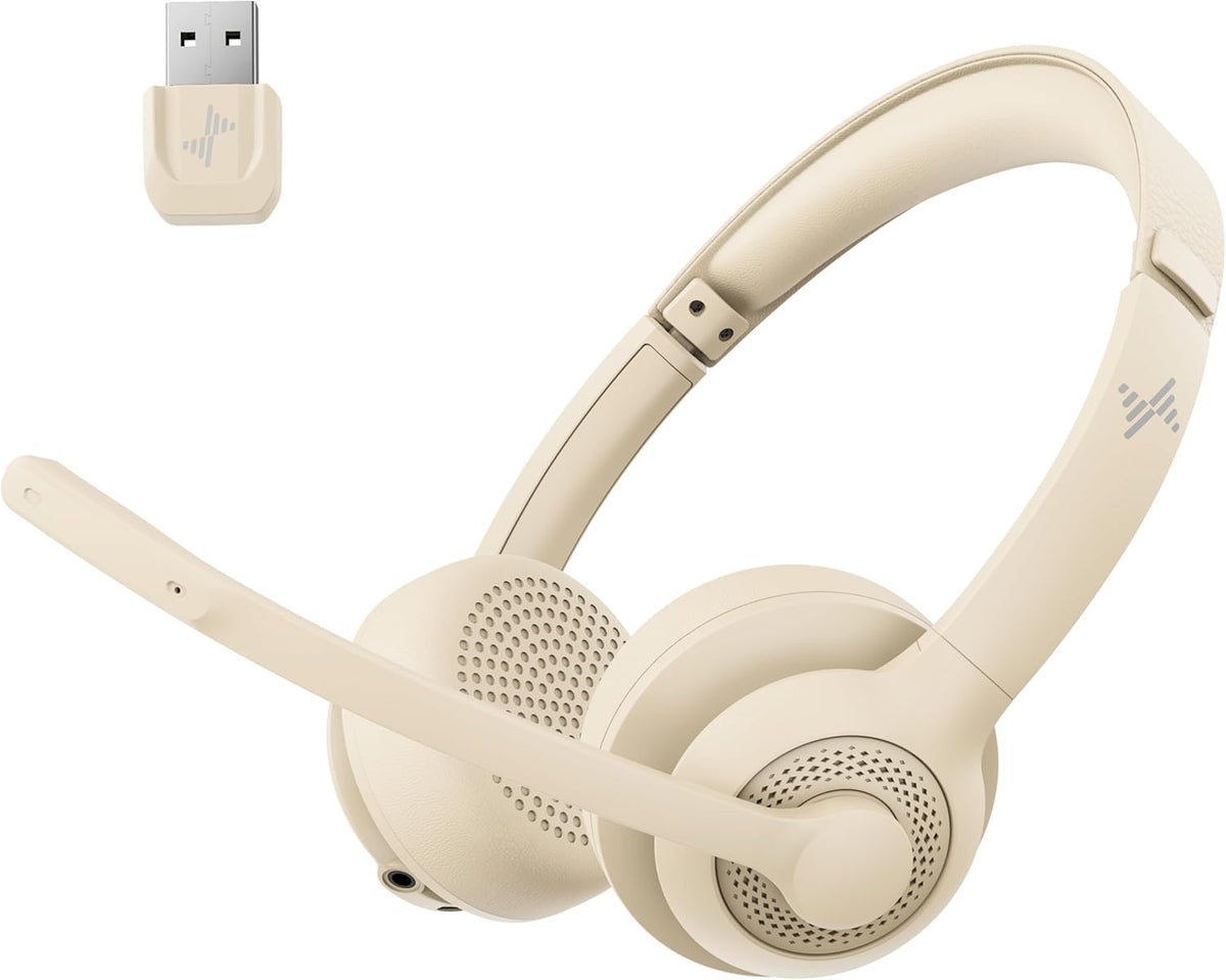 Wireless Headset with AI Noise Cancelling Microphone Bluetooth Headset - Bluetooth V5.2 Headphones with USB Dongle & Mic Mute for Computer/Laptop/PC/iPhone/Android/Cell Phones/Zoom-Apricot